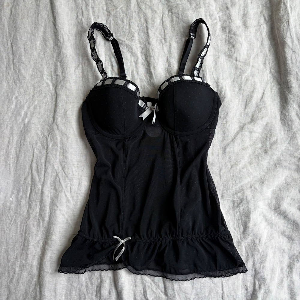 Vintage Y2K Black Mesh Babydoll Cami Top Coquette Goth Underwire Bustier 75B 34B